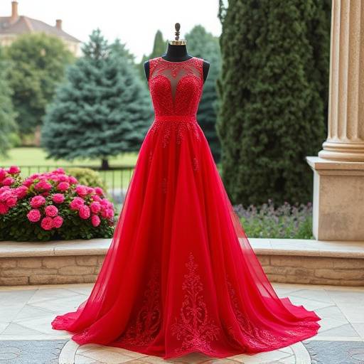 Abito da sera rosso rubino con dettagli in pizzo