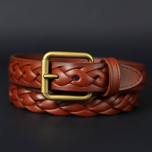 Cintura in pelle intrecciata marrone con fibbia in ottone anticato, un accessorio casual e resistente.