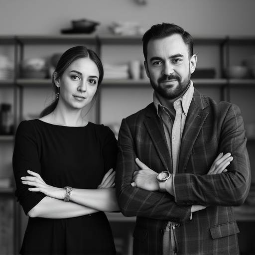 Foto di Isabella Rossi e Alessandro De Luca, i fondatori di Elegancia Italiana, nel loro atelier originale a Milano