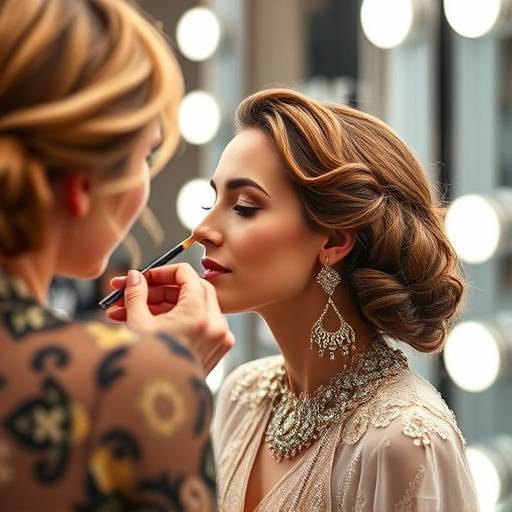 Modella che indossa un accessorio elaborato mentre riceve gli ultimi ritocchi