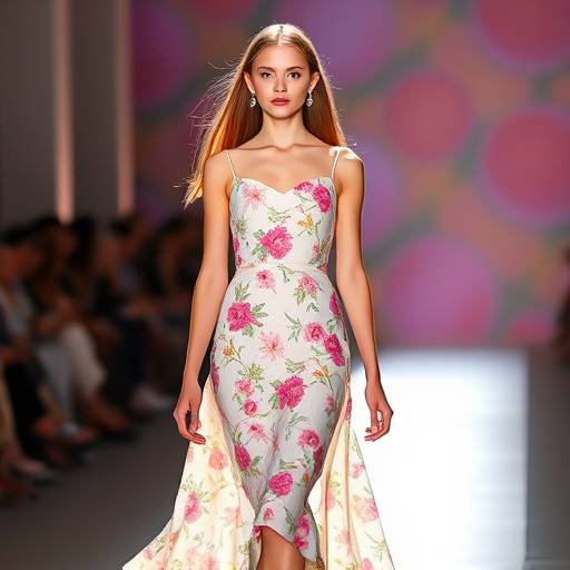 Modella che sfila con un abito leggero e floreale durante la sfilata Primavera/Estate 2023