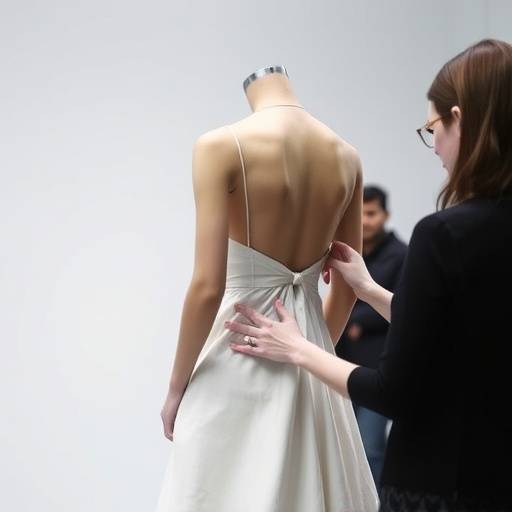 Stilista che controlla gli ultimi dettagli di un abito nel backstage